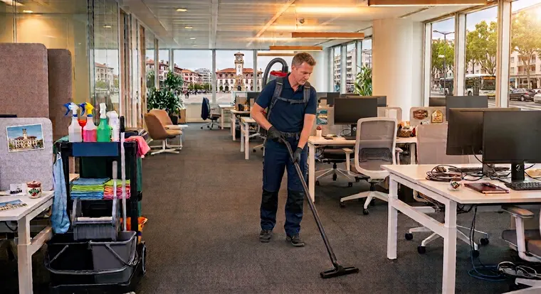 Agent B.A. PROPRETÉ aspirant la moquette d’un plateau de bureaux