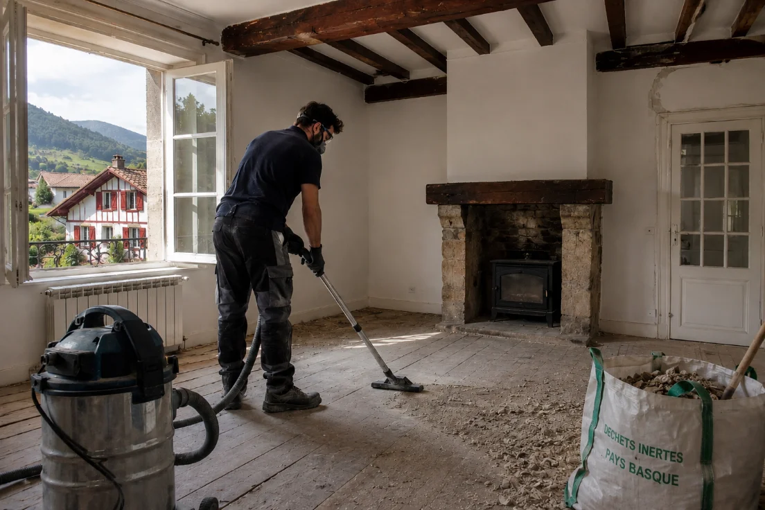 Remise en état d’une pièce après travaux : aspiration des gravats à l’aspirateur de chantier